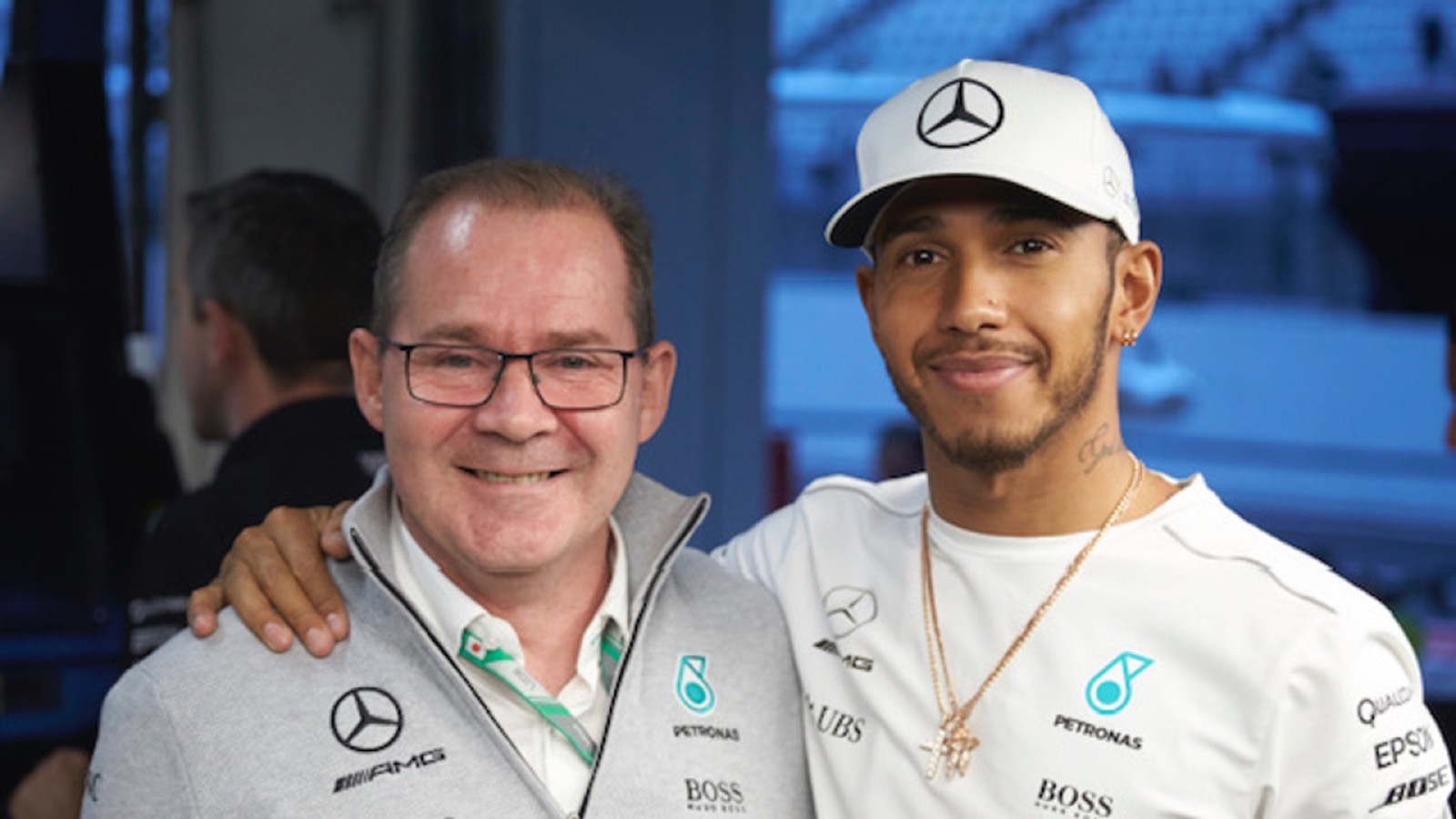Peter Hodgkinson with Lewis Hamilton at Mercedes AMG Petronas F1